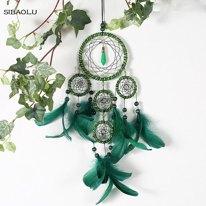 Beautiful Dream Catcher hand-woven 5 circle big Dreamcatcher with green feathers for home wall decorations