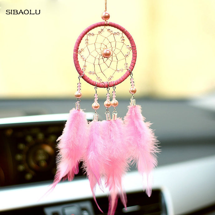 pink handmade dreamcatcher wind chimes indian style feather pendant dream catcher car hanging decoration